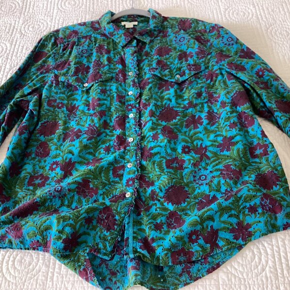 Sundance Floral Button-Up Shirt PXL Green & Burgundy Rhea eyelet 100% Cotton - Picture 7 of 12
